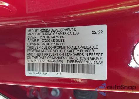 2022 Honda Accord Sport from USA, damaged, VIN 1HGCV1F37NA030458